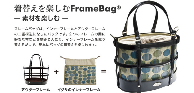 着替えを楽しむFrameBag(R)　－ 素材を楽しむ －　フレームバッグは、インナーフレームとアウターフレームの二重構造になったバッグです。2つのフレームの間に好きな布などを挟みこんだり、インナーフレームを取り替えるだけで、簡単にバッグの着替えを楽しめます。