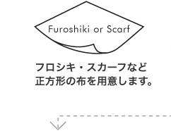 フロシキ・スカーフなど正方形の布を用意します。
